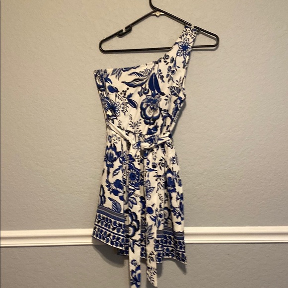 Floral One-Shoulder Dress - Blue and White - Picture 1 of 4